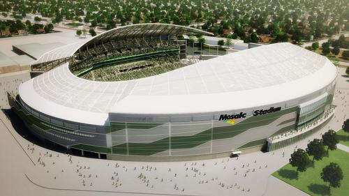 The stadium design is inspired by the prairie sky and includes a sunken bowl design / The University of Regina Rams