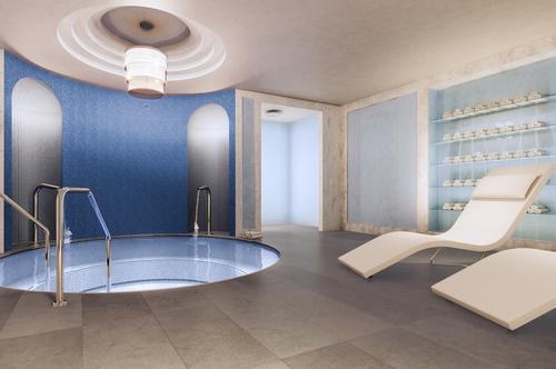 The spa includes male and female wet areas with aroma steam room, Roman hot tub, sauna and private relaxation areas