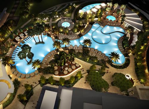 A multi-tiered pool area, designed by Hassell Landscaping, includes the Enclave – a secluded poolside area with cabanas and a cocktail bar surrounding a circular infinity pool