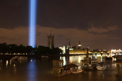 The view from Lambeth Bridge of Spectra. The installation will be lit up from dusk until dawn on the 11 August / Olivia Rutherford
