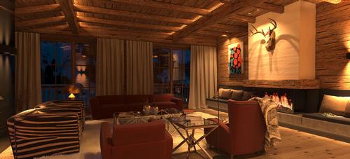 Modern furnishings are provided by Italian studio Minotti / Blumen Haus Lech