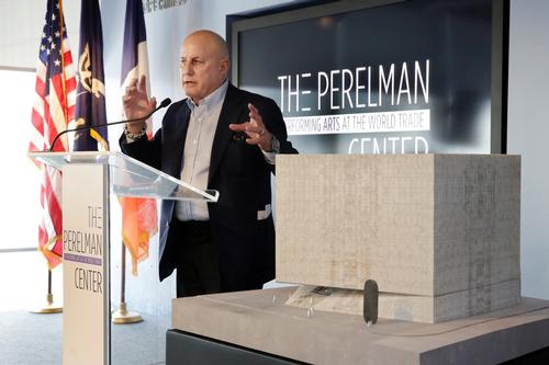 Ronald Perelman, stands beside a scale model of the Ronald O. Perelman Performing Arts Center, at the World Trader Center site, during the official design unveiling in New York / Richard Drew/AP/Press Association Images