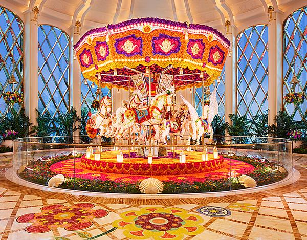 The floral sculpture of a carousel by Preston Bailey
