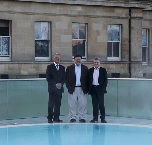 From left to right: Henk Verschuur, former Thermae Bath Spa managing director, Dato Mark Yeoh, executive director YTL Hotels and Resorts and Colin Skellett, chair of Bath Hotel and Spa Limited. The trio are stood by the rooftop pool at Thermae Bath Spa, with the Gainsborough Bath Spa Hotel / Anna Barclay