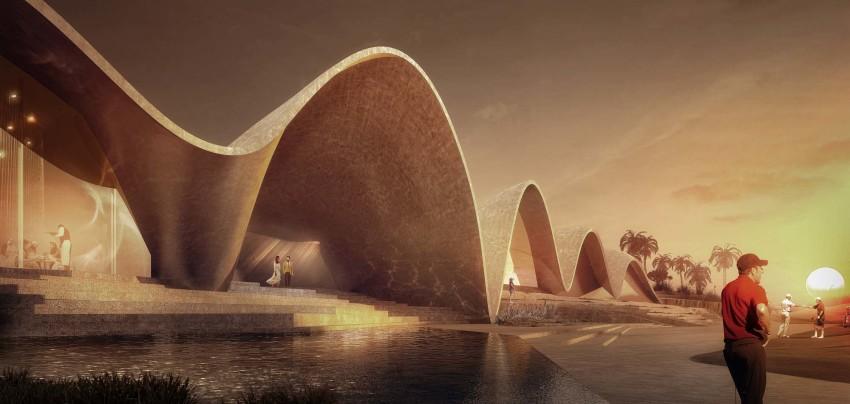 Using the natural dune-scapes of the surrounding Jordanian desert and taking inspiration from ancient Bedouin traditions, the design envisions an undulating clubhouse / Oppenheim Architecture