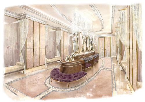The female changing area features a story around the lanesborough flower, with hand-worked floor mosaics and hand-painted glass both featuring flower motifs