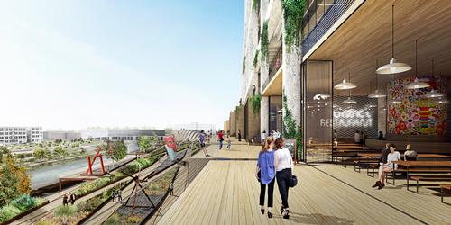 The design also envisions a small museum or public sculpture park connected to a broad deck extending over the nearby rail line, creating an elevated riverside urban promenade similar to New York’s High Line / BIG