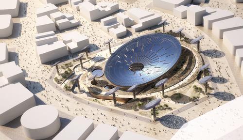 A main exhibition building will be surrounded by a series of 'energy trees' / Grimshaw