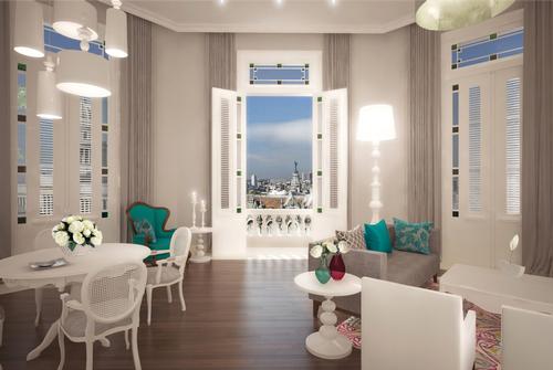 The rooms feature extra-high ceilings and windows looking out on the old town