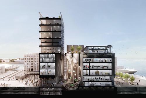 The hotel is built in the grain elevator portion of the silo complex, occupying six floors above what will become the Zeitz Museum of Contemporary Art Africa (MOCAA) / Heatherwick Studio