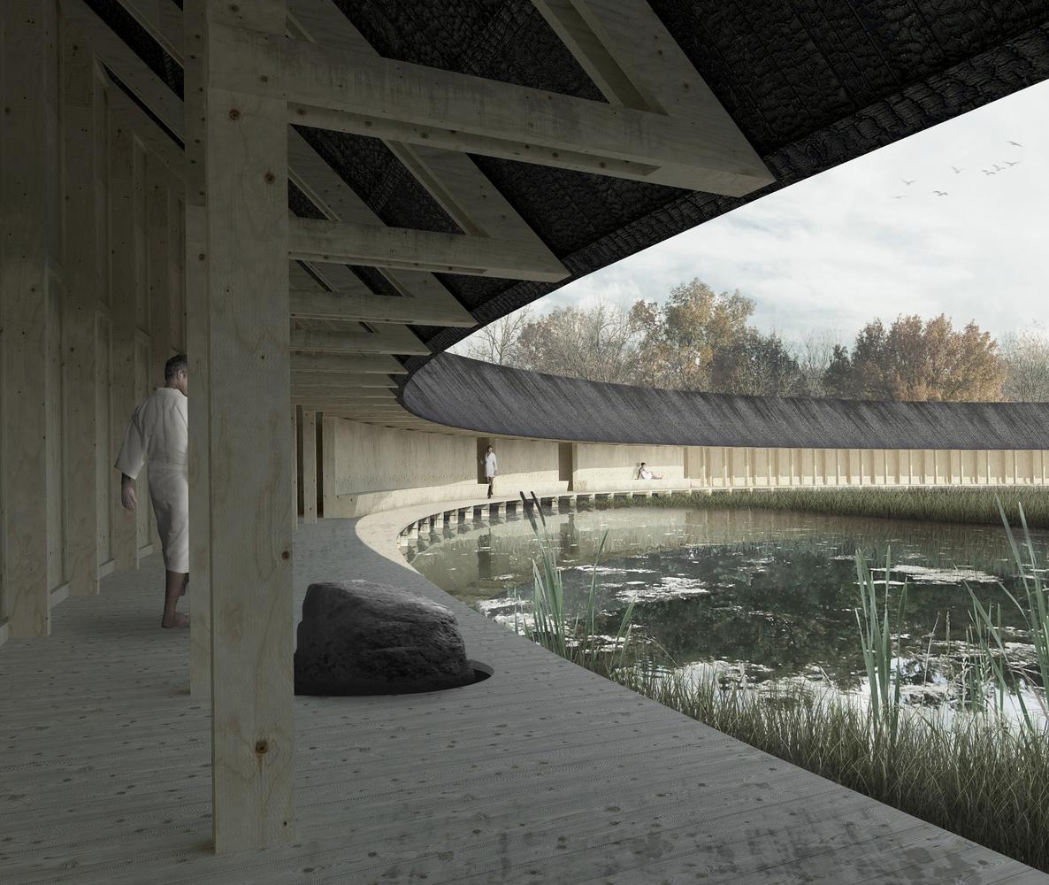 The primary gesture of the project is a circular promenade that unites each functional space of the spa / Bee Breeders The primary gesture of the project is a circular promenade that unites each functional space of the spa / Bee Breeders