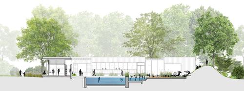 Designs for the new Peckham Rye Lido include a 50m heated and chlorinated pool with scope for a smaller natural swimming pool alongside it / Studio Octopi