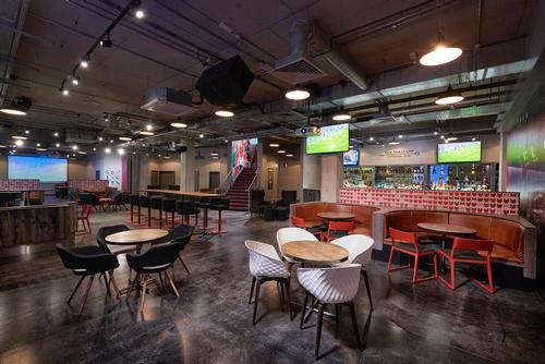 The stylish Old Trafford Supporters Club lounge
