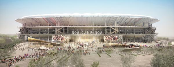 The design features three 
open concourses surrounding the stadium, which has a semi transparent roof