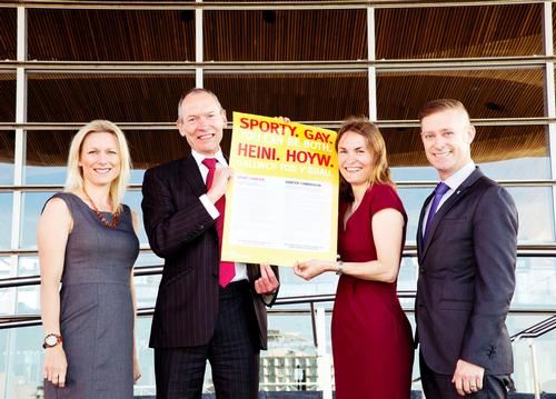 (From left to right) Sport Wales’ Emma Tobutt; Wales’ minister for culture and sport John Griffiths; LGBT Sport Cymru Network chair Helen Adams; and Stonewall’s Andrew White. / Sport Wales