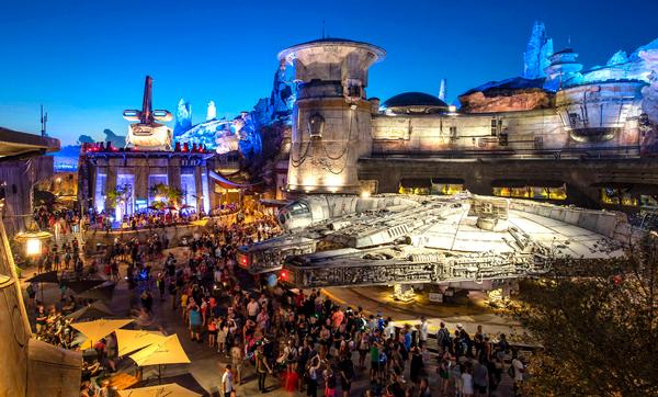 A life-size replica of the Millennium Falcon is one of Galaxy’s Edge’s star attractions