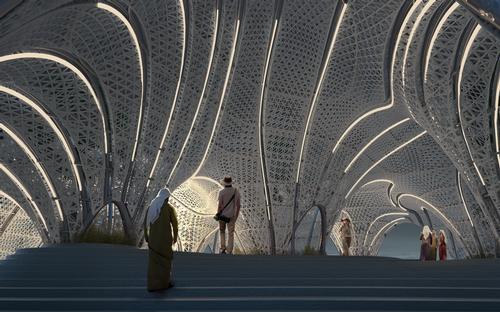 There are areas to sit inside and desert trees and shrubs planted to help regulate the interior atmosphere / Brick Visual
