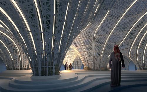 The pavilion is a hybrid of a 3D-printed polymer shell on 3D-printed concrete topography / Brick Visual