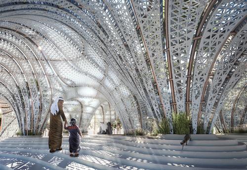 The panels and undulating shape of the pavilion allow light into the space and air for ventilation / Brick Visual