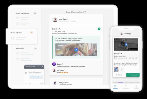 Features and tools offered by the TrueCoach software includes workout builders, a video exercise library, real-time messaging and client management solutions / TrueCoach