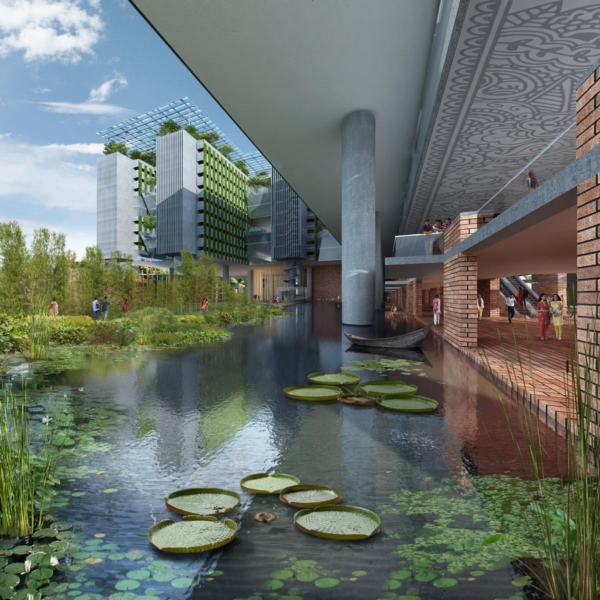 The park is designed to be a tropical oasis set on a lake and surrounded by bamboo / Obilia