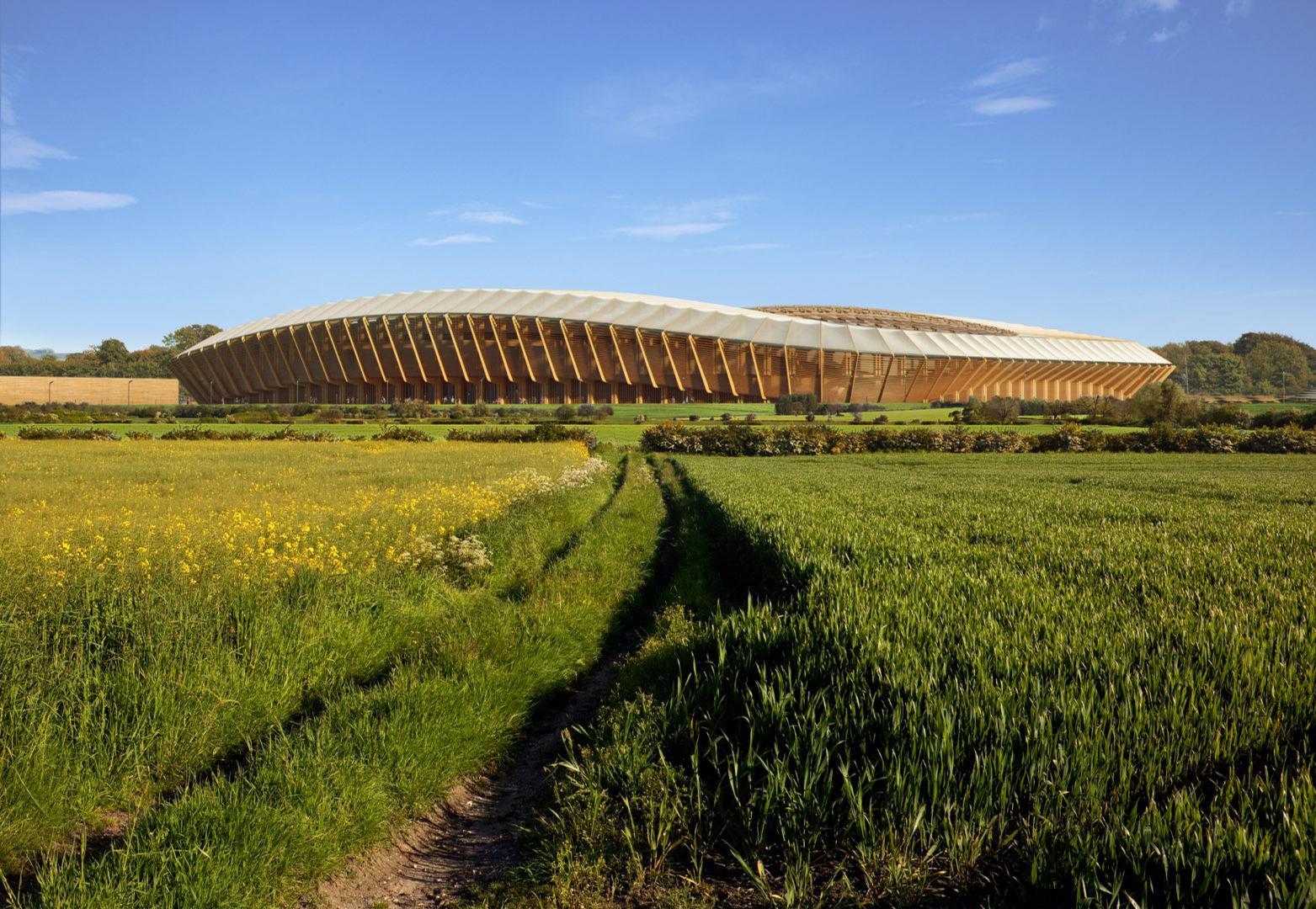 The 5,000-seat venue will be built near the UK town of Eastington
/ Zaha Hadid Architects/Forest Green Rovers FC