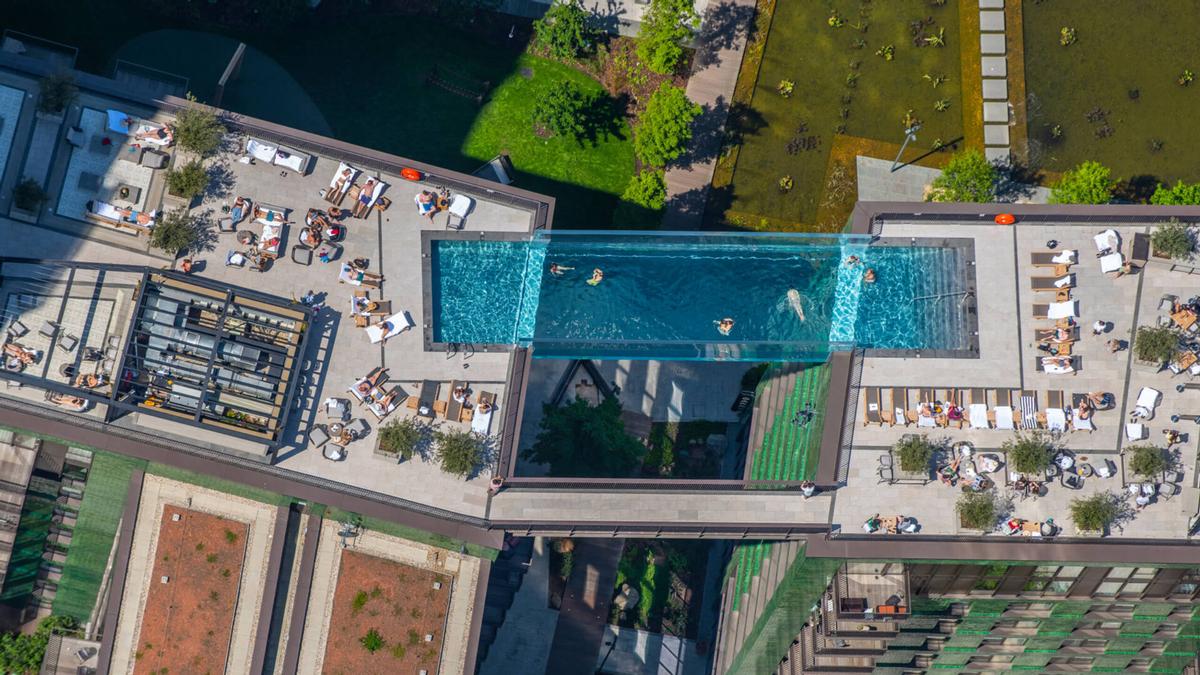 The 25m pool is suspended 35m above the ground / Embassy Gardens