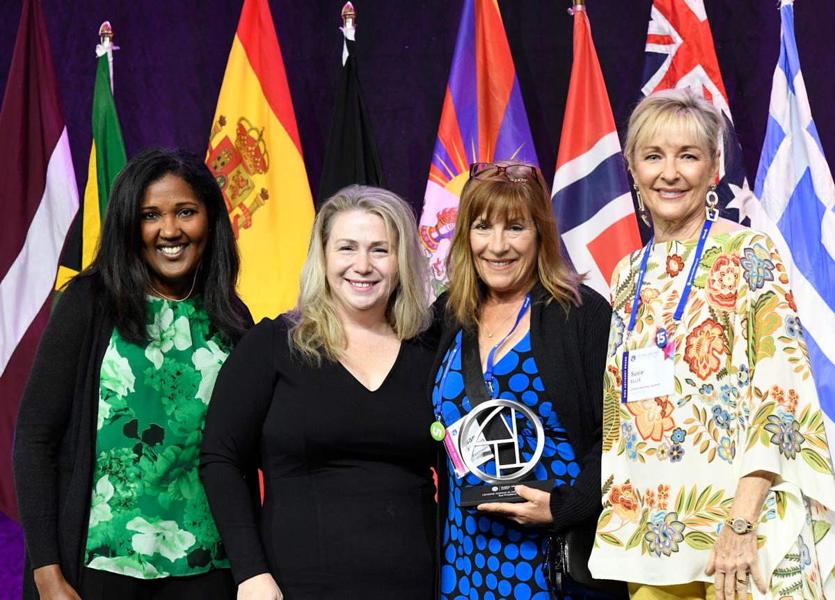 Susan Friedland was presented with the award live at the 2021 GWS in Boston (From L to R: Nicola Finley; Josanna Gaither, Natura Bissé, official award sponsor; Susan Friedland; and Susie Ellis) / GWS 2021