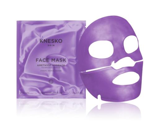 The range features natural collagen hydrogel face, eye and lip masks enriched with reiki-charged amethyst gemstone powder