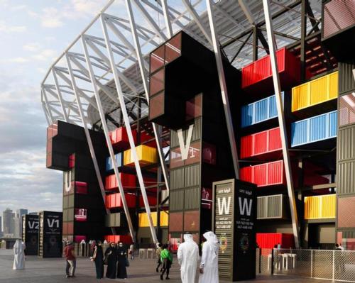Pop-up stadium built with shipping containers opens ahead of 2022 World Cup
