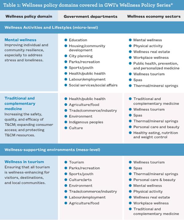 Source: Defining Wellness Policy, Global Wellness Institute, 2022 *This table only depicts the wellness policy domains most relevant to the spa sector