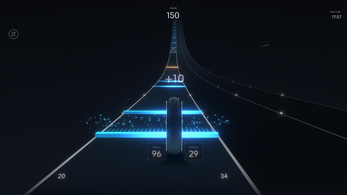 Users control a wheel-like avatar along a six-lane track / Peloton