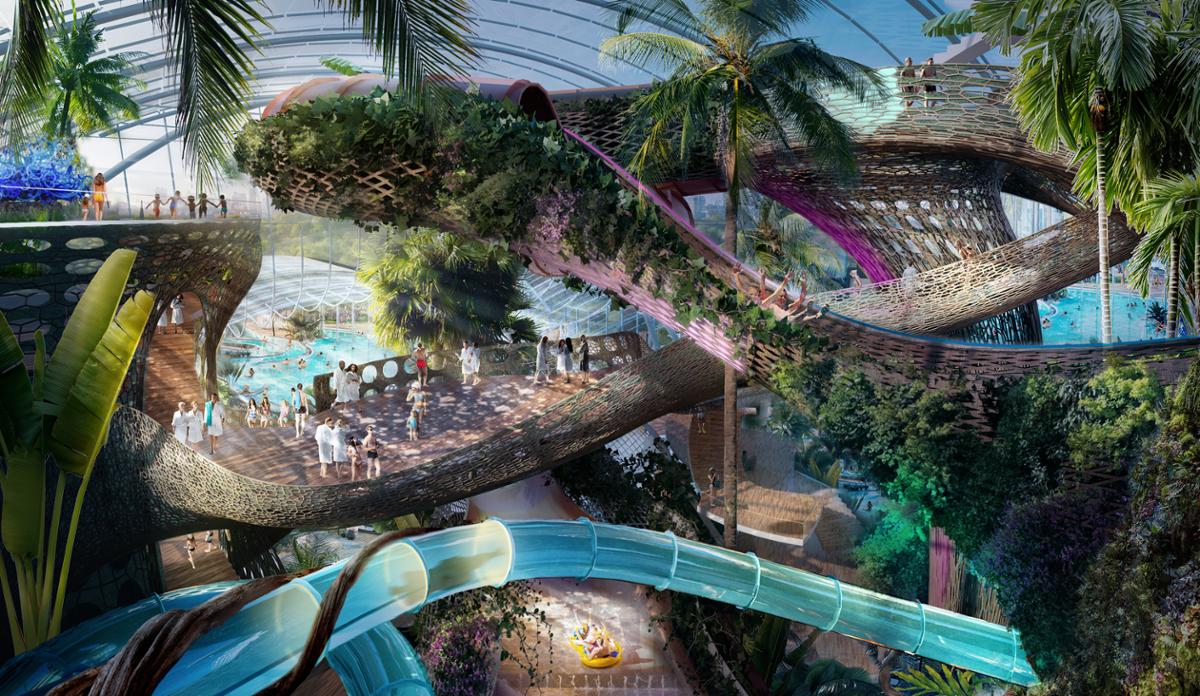 The updated plans involve a greater integration of biophilic design elements including living waterslides – claimed to be the first in the world / Therme Group