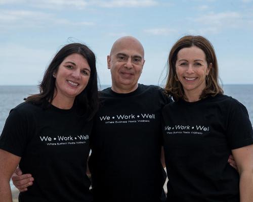 We Work Well founders Lucy Hugo (L) and Monica Helmstetter (R) with event director Stephen Pace-Bonello (M) Credit: W3Spa