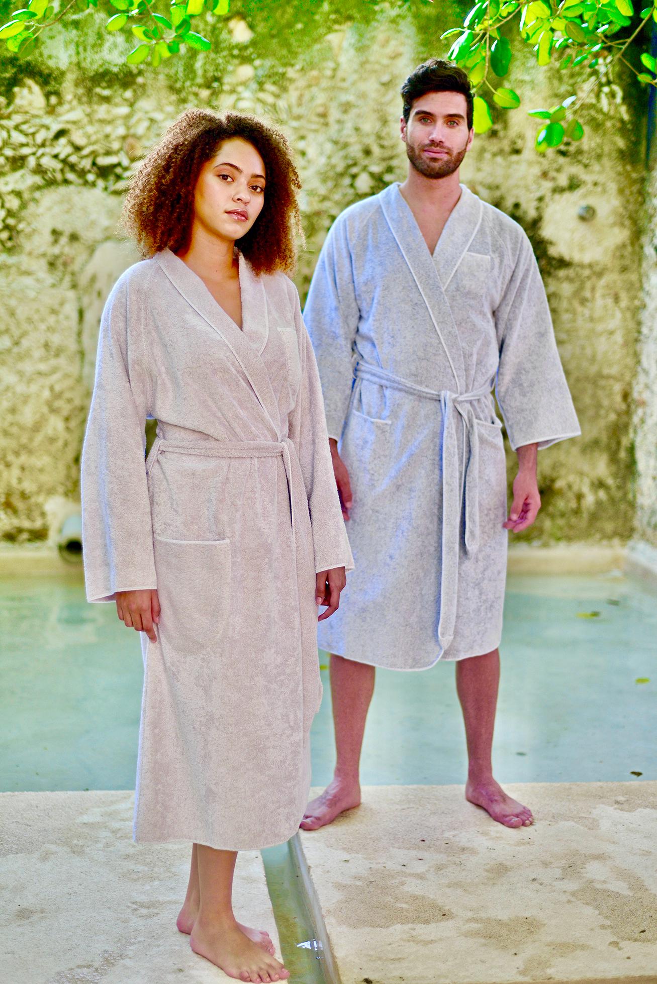 The Tuxedo towels and robes collection is available in two colours – Millenial Grey or Sand / The Madison Collection