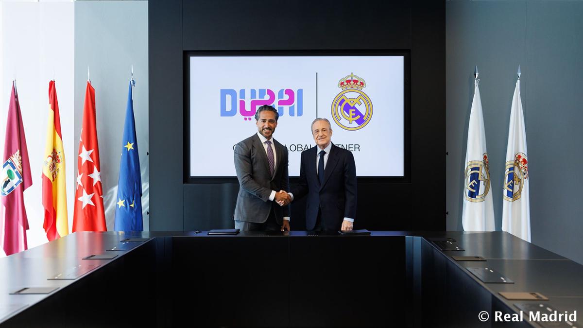 Real Madrid president Florentino Pérez (right) and Issam Kazim, CEO Dubai Corporation for Tourism and Commerce Marketing (left), formalised the collaboration at Real Madrid City / Real Madrid/Visit Dubai Real Madrid president Florentino Pérez (right) and Issam Kazim, CEO Dubai Corporation for Tourism and Commerce Marketing (left), formalised the collaboration at Real Madrid City / Real Madrid/Visit Dubai