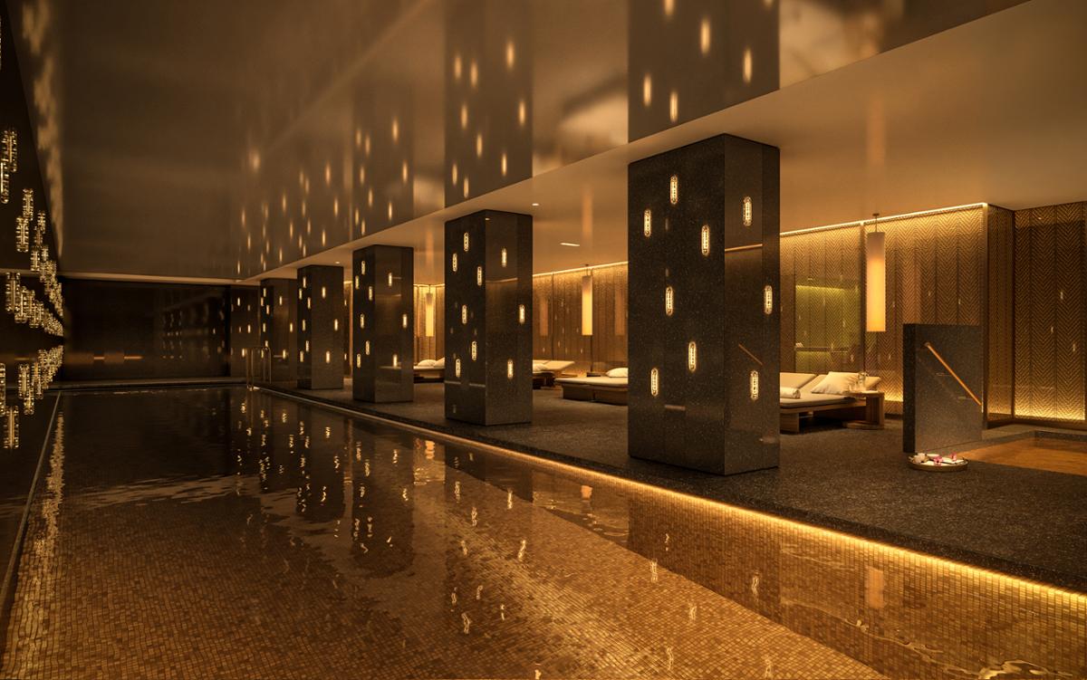 The spa will be anchored by a central thermal area finished with a palette of earthy tones and bathed in warm lighting / Mandarin Oriental Hotel Group