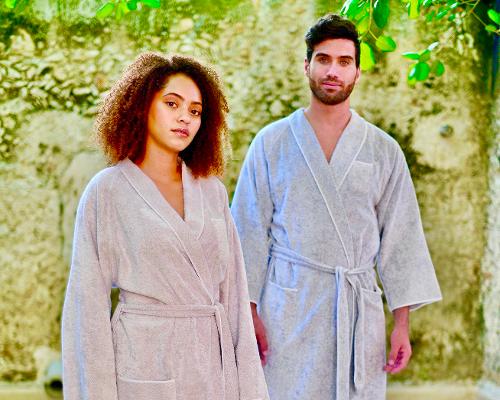 The Tuxedo towels and robes collection is available in two colours – Millenial Grey or Sand