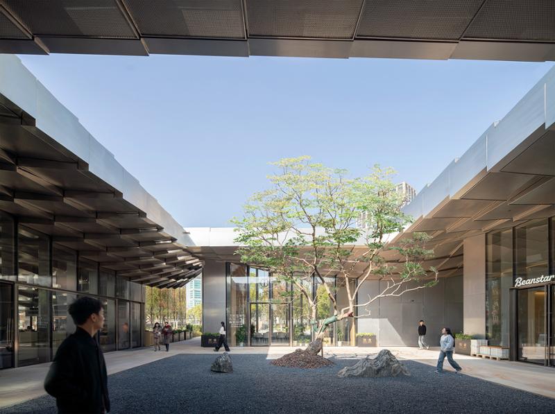 The pavilion’s roof is lifted on each side, creating generous double-height entrances that guide visitors into the central courtyard, where a tree serves as a tranquil focal point at the heart of the space / Justin Szeremeta & Ye Jianyuan