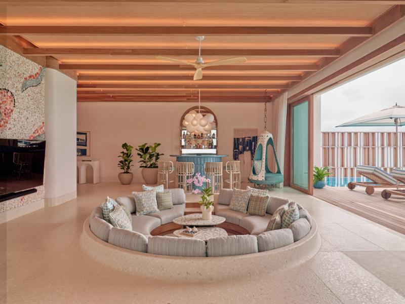 Interiors for the property are by Inge Moore and Nathan Hutchins of Muza Lab / Here Baa Atoll Maldives