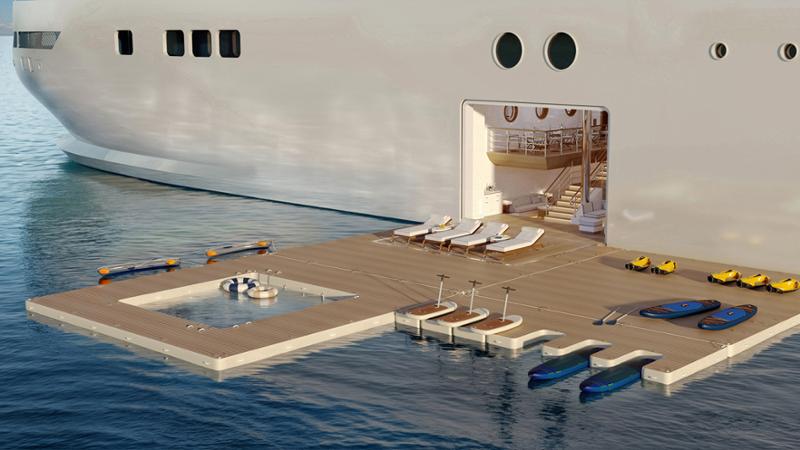The yacht will also have a transverse marina – two retractable platforms on either side of the vessel that create 676sq m of total space / Four Seasons Yachts