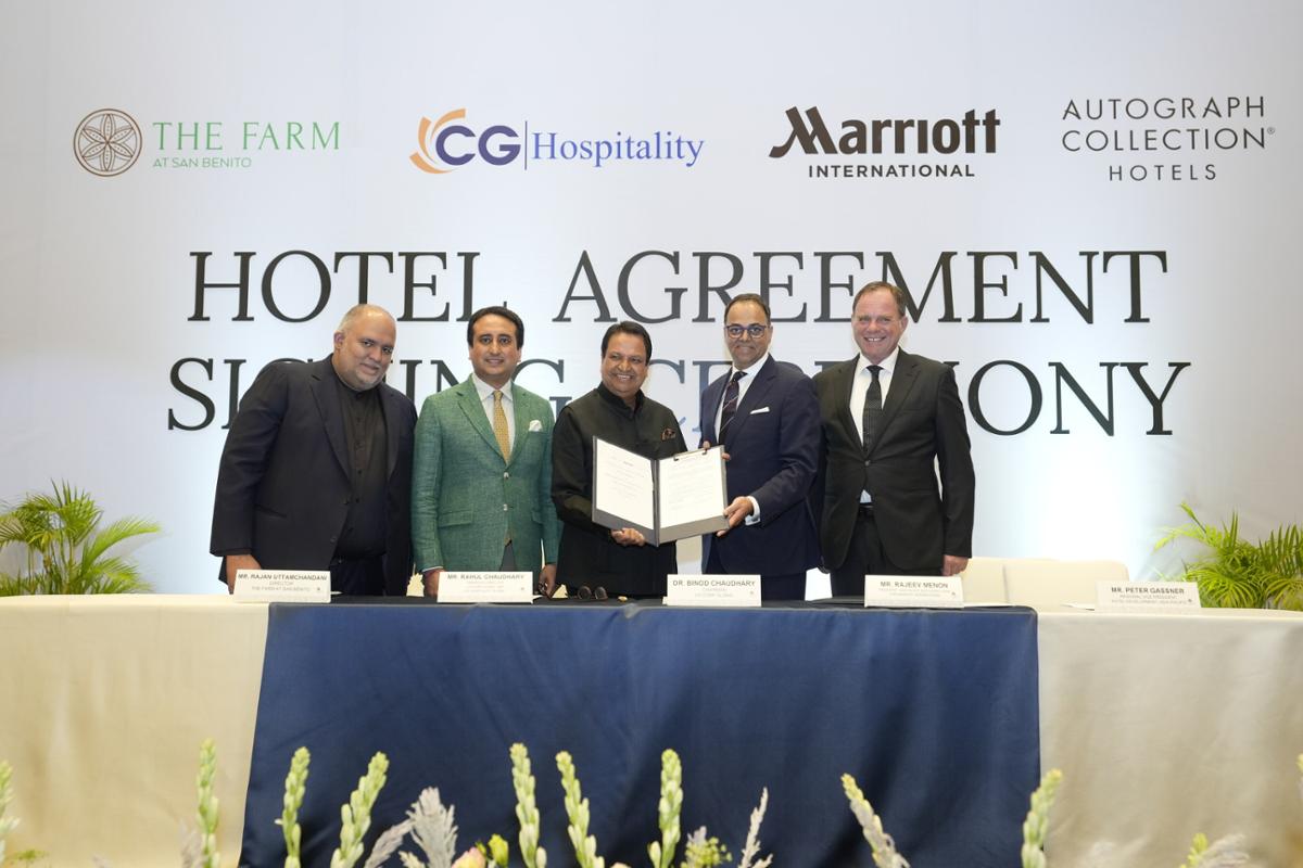 From L-R: Rajan Uttamchandani, The Farm at San Benito; Rahul Chaudhary and Binod Chaudhary of CG Corp Global; Rajeev Menon, Marriott International; and Peter Gassner, Marriott International / Marriott International From L-R: Rajan Uttamchandani, The Farm at San Benito; Rahul Chaudhary and Binod Chaudhary of CG Corp Global; Rajeev Menon, Marriott International; and Peter Gassner, Marriott International / Marriott International