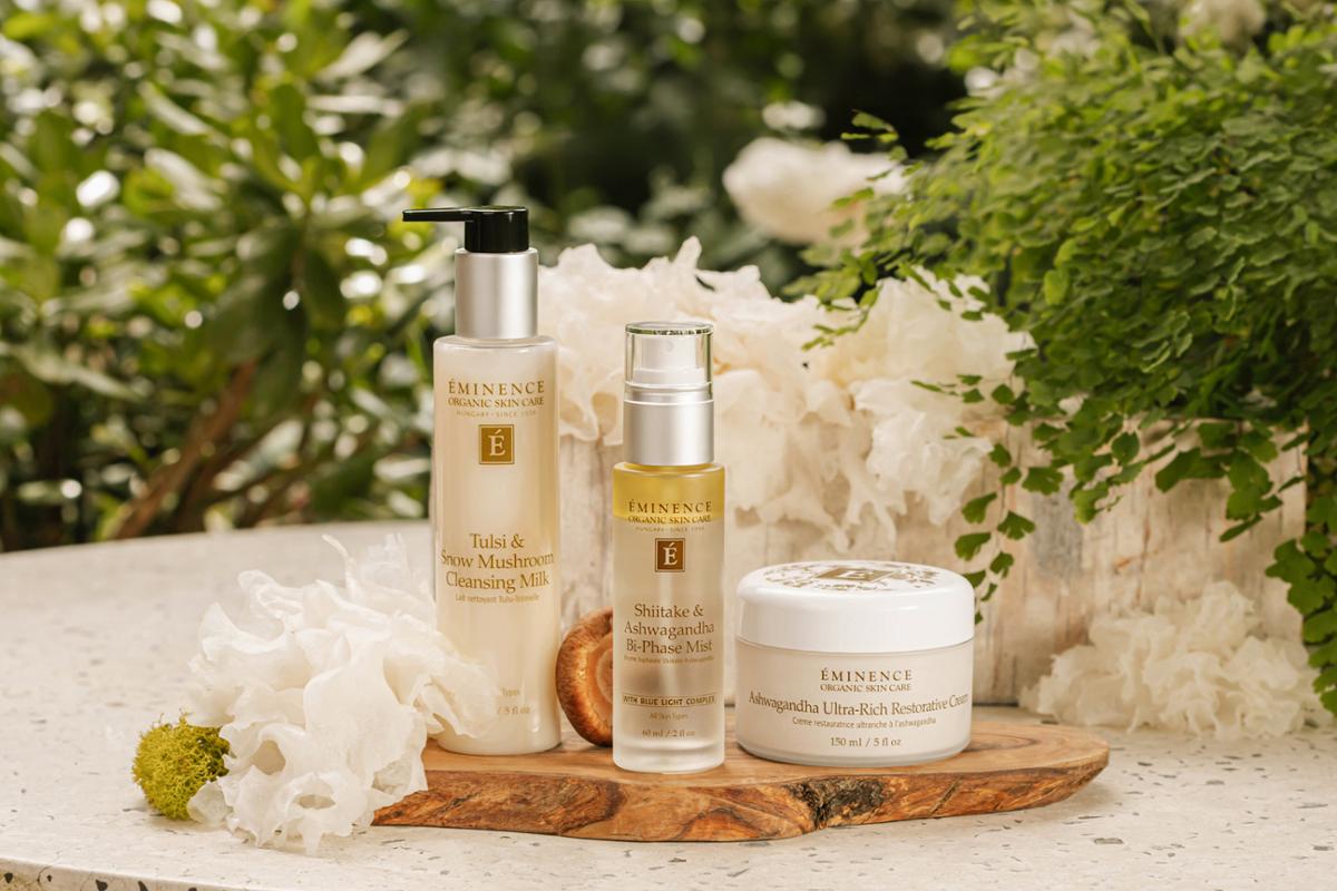 Ashwaganda root is used in two of the three products due to its antioxidant properties, helping to reduce visible inflammation / Eminence Organic Skin Care