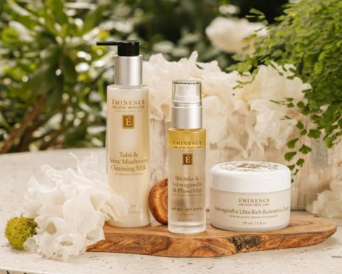 Ashwaganda root is used in two of the three products due to its antioxidant properties, helping to reduce visible inflammation / Eminence Organic Skin Care
