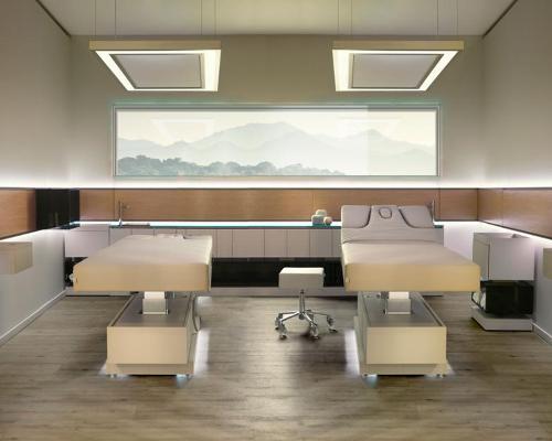 The Eterea range includes beds with backlit bases and storage compartments, stools, mobile work trolleys, and freestanding units with integrated washbasins / Nilo Spa Design