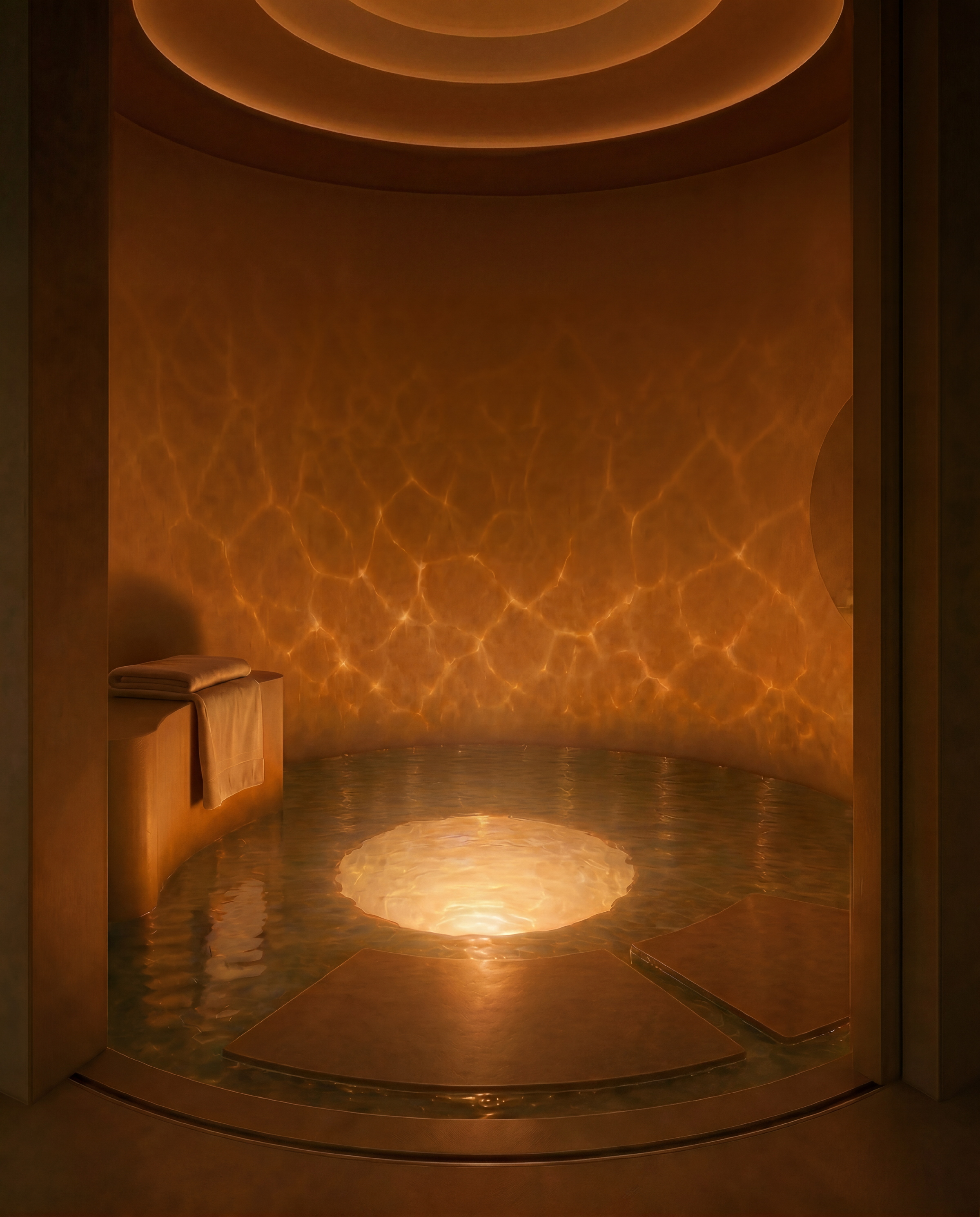 Guests step onto a circular platform that descends like a lift into the Midjourney Scanner pool / Midjourney Guests step onto a circular platform that descends like a lift into the Midjourney Scanner pool / Midjourney