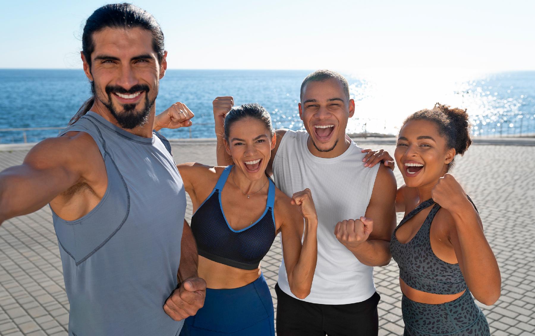 Group posing in gymwear