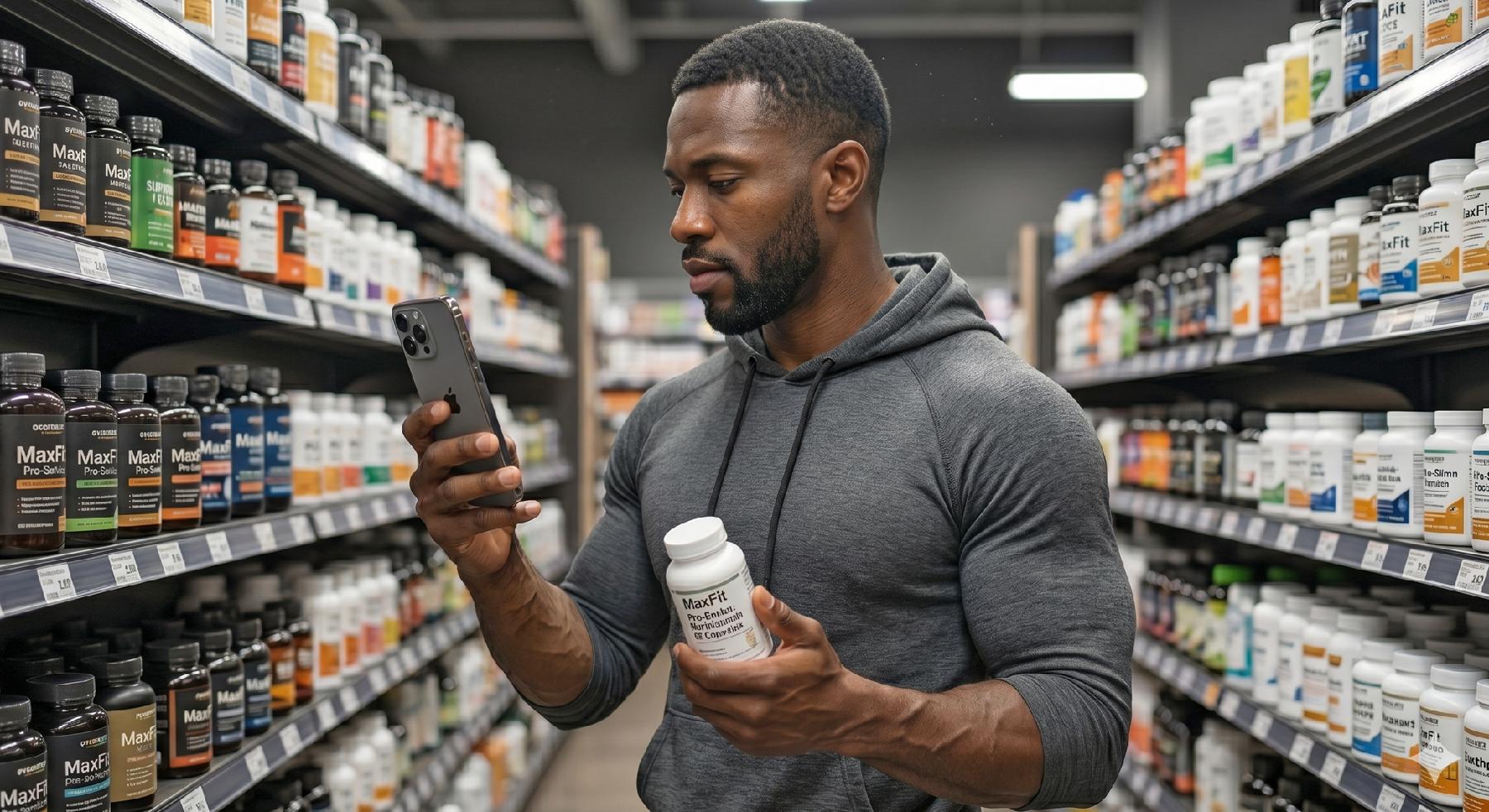 Man looking at supplements in shop