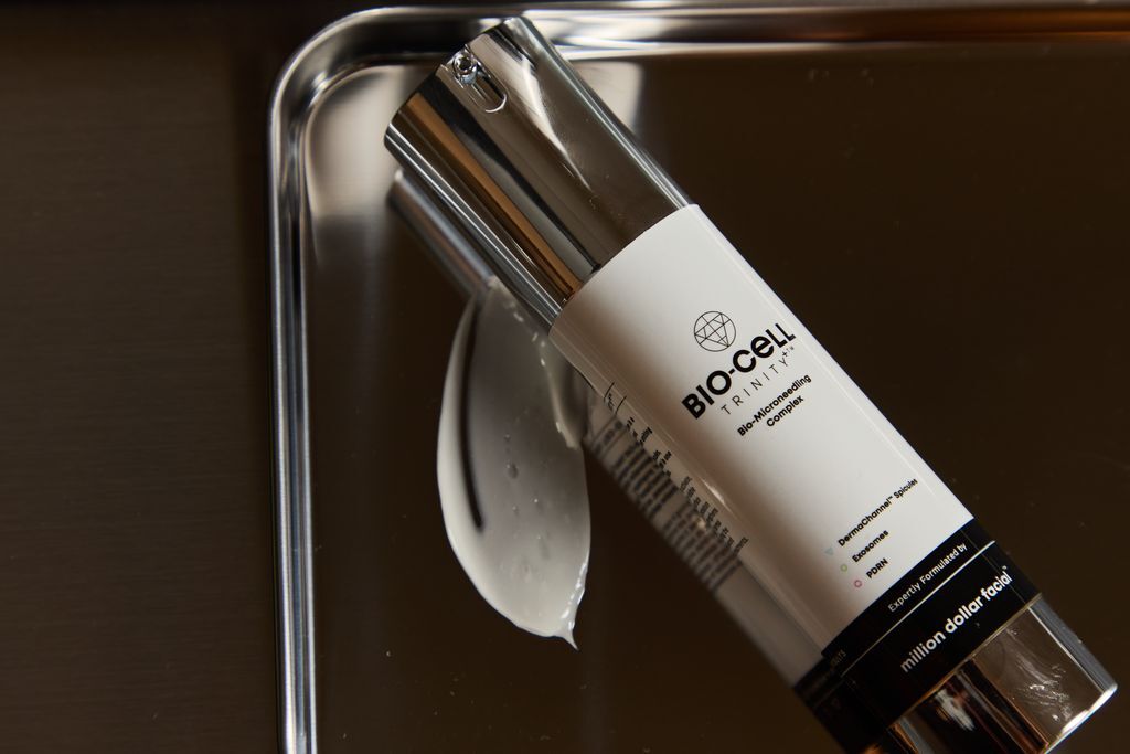 The all-in-one Bio-Cell Trinity+ Core Complex formula delivers the first three of four stages in the microneedling treatment system / Million Dollar Facial System