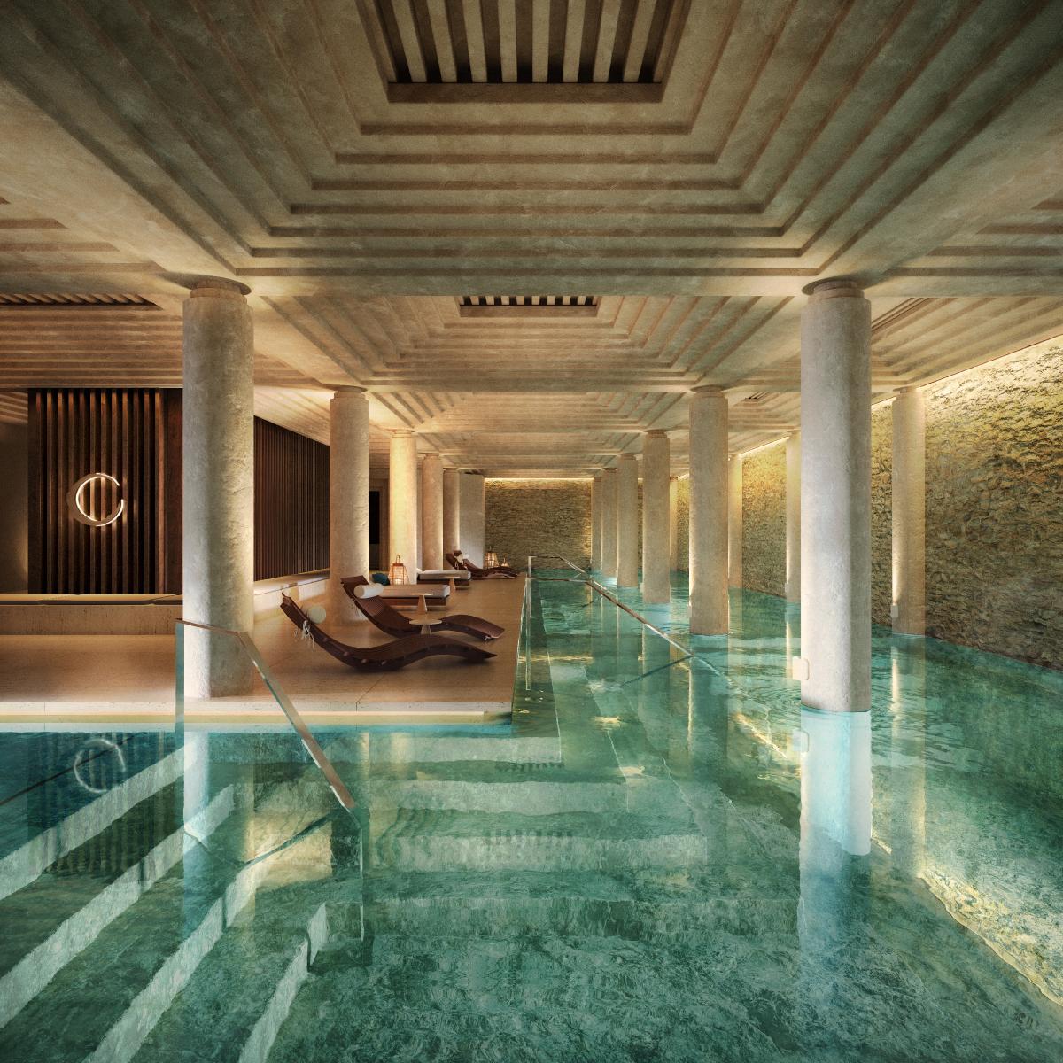 The spa features a subterranean hypostyle hall, which houses thermal pools / Overland Partners